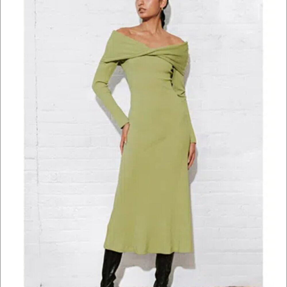NEW Mara Hoffman Linen Emery Dress S Light Green Ribbed Knit Off the Shoulder